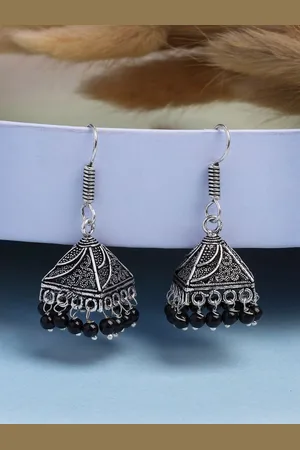 NVR Women Oxidised Silver Plated Black Artificial Beads Jhumka Earrings