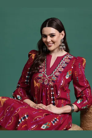 Sangria Geometric Print Puff Sleeves Embellished A-Line Ethnic Dress