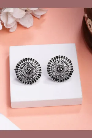 NVR Women Oxidised Silver Plated Round Shape Traditional Stud Earrings