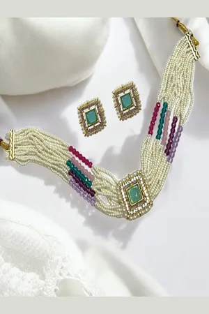 AccessHer Stone Studded & Beaded Necklace and Earrings With Maang Tika