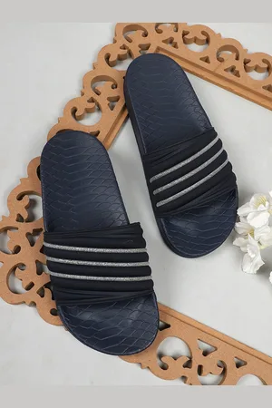 Carlton London Women Navy Blue & Silver-Toned Striped Sliders