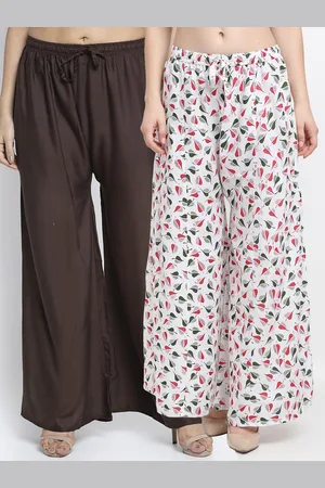 GRACIT Women Brown & White Set Of 2 Solid & Printed Straight Fit Palazzos