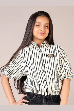 V-Mart Girls Striped Puff Sleeves Shirt Style Cotton Top