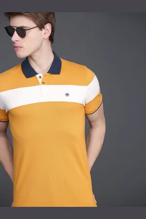 WROGN Men Mustard Yellow White Colourblocked Slim Fit Polo Collar Pure Cotton T-shirt