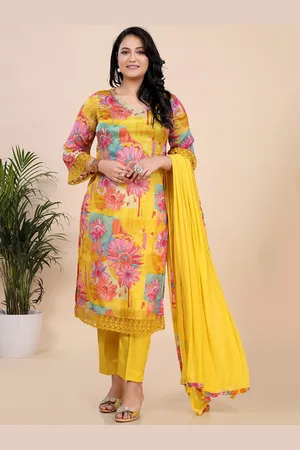 Amchoor Floral Printed V-Neck Panelled Straight Kurta With Trousers & Dupatta