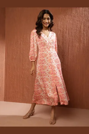 Fabindia Floral Print V-Neck Fit & Flare Midi Dress