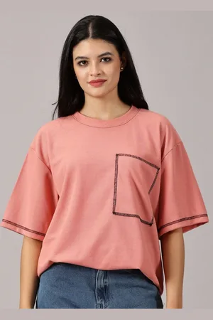 Rodzen Women Solid Round Neck Cotton Oversized T-shirt
