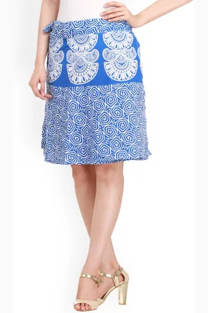 Exotic India Pure Cotton Princess Blue Block Printed Wrap-Around Mini-Skirt