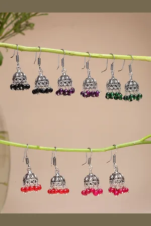NVR Women Pair of 5 Oxidised Silver Plated Multicolor Artificial Beads Jhumka Earrings