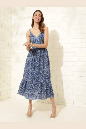 Fabindia Floral Printed V-Neck Cotton A-Line Midi Dress