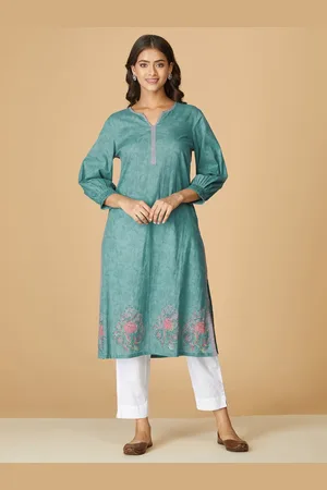 Fabindia Women Blue & Pink Handblock Print Pure Cotton Puff Sleeves Kurta