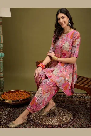 Sangria Floral Printed Round Neck Top & Trousers