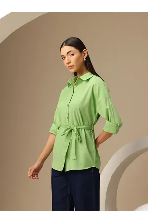 Chemistry Cotton Linen Solid Shirt with Tie-up Belt