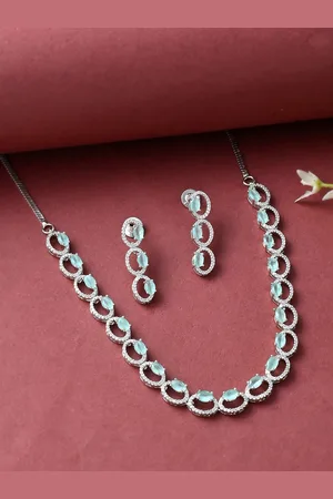 Voylla White & Green Silver-Plated CZ Studded Jewellery Set