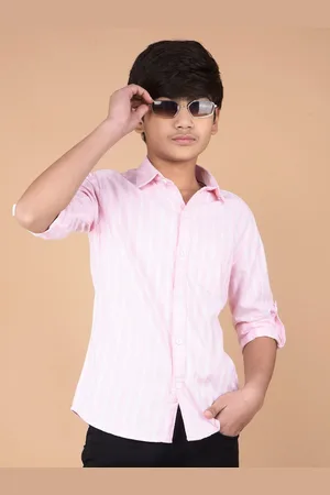 Crimsoune Club Boys Classic Fit Spread Collar Vertical Striped Cotton Casual Shirt