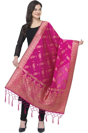 MORLY Women Pink & Gold-Toned Ethnic Motifs Woven Design Banarasi Silk Dupatta with Tassel