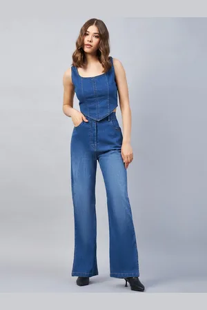 Chemistry Shoulder Strap Denim Top With Slit Flared Jeans Co-Ords
