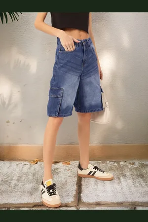 DressBerry Women Functional Fashion Washed Cargo Style Skater Fit Denim Shorts