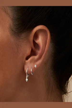 AQUASTREET Set of 3 14K Silver-Plated Single Ear Piercing Antitarnish Zircon Earrings