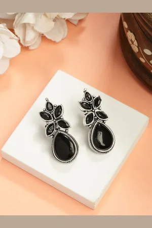 NVR Women Black Artificial Stones Silver Plated Drop Earrings
