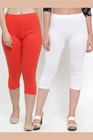 GRACIT Women Set Of 2 White & Orange Combed Cotton Capris