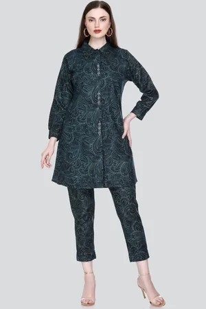 Elthia Ethnic Motifs Printed Shirt Collar Cuffed Sleeve Acrylic A-Line Kurta With Trousers