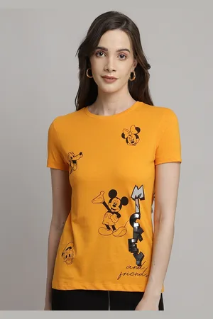 Free Authority Women Yellow Mickey Friends Printed Cotton Pure Cotton T-shirt