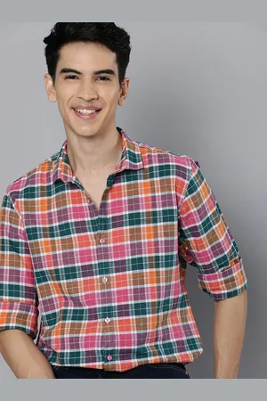 Mast & Harbour Men Orange & Green Checked Cotton Linen Casual Shirt