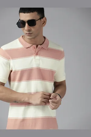 Roadster Men Pink & Off White Striped Polo Collar T-shirt
