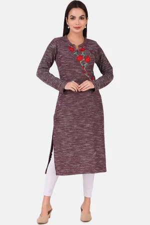 Elthia Floral Embroidered Mandarin Collar Thread Work Woolen Kurta