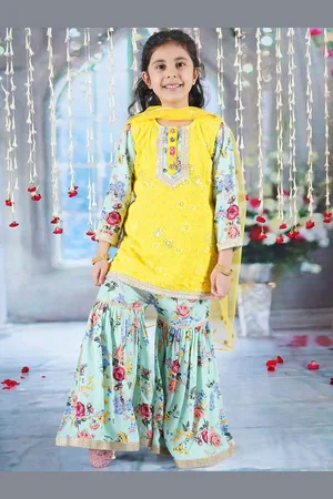 Little Bansi Girls Floral Embroidered Pure Cotton A-Line Kurta With Sharara & Dupatta