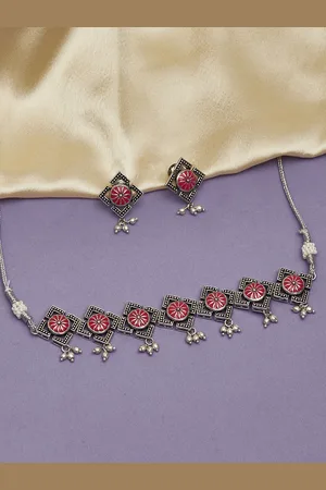Voylla Women Pink & Silver-Plated Oxidised Choker Jewellery Set