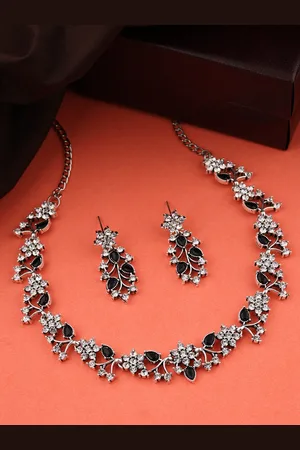 Brado Jewellery Oxidised Silver-Plated AD-Studded Necklace & Earrings Set