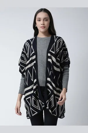 Club York Women Navy Blue & White Printed Open Front Acrylic Longline Shrug