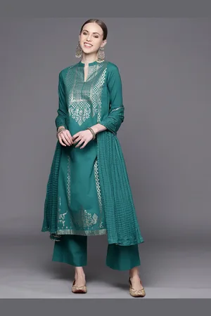 Biba Women Green Ethnic Motifs Print Pure Cotton Kurta with Palazzos & Dupatta