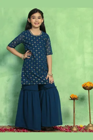 Sangria Girls Teal Blue Floral Foil Printed Round Neck Georgette Straight Kurta & Sharara