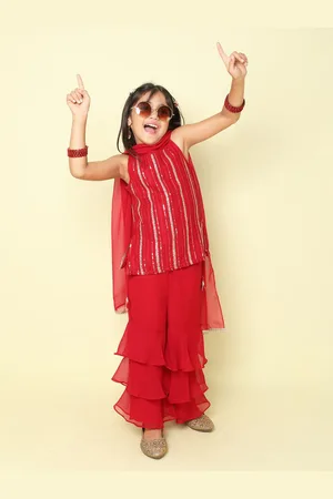taffykids Girls Embroidered Regular Sequinned Kurti with Sharara & Dupatta