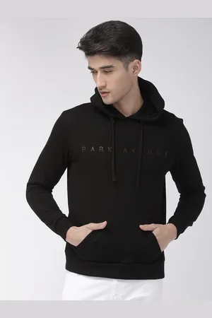 Park Avenue Men Black Solid Hooded Sweatshirt With Applique Detailing