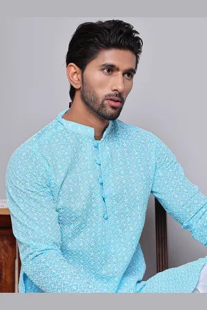 Jompers Mandarin Collar Floral Embroidered Chikankari Cotton Kurta