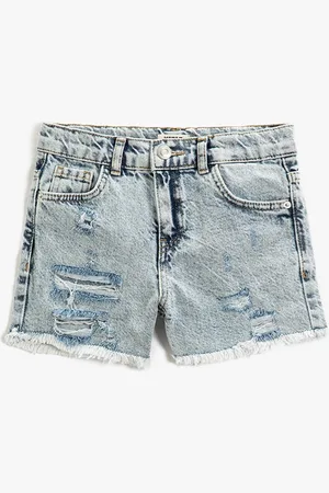 Koton Girls Mid-Rise Washed Pure Cotton Denim Shorts