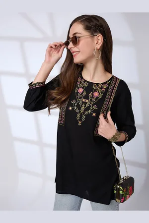 Globus Women Black Floral Embroidered Yoke Fusion Tunic