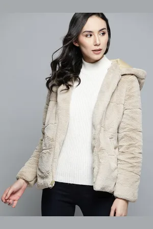 Chemistry Women Beige Self Design Hooded Tailored Jacket