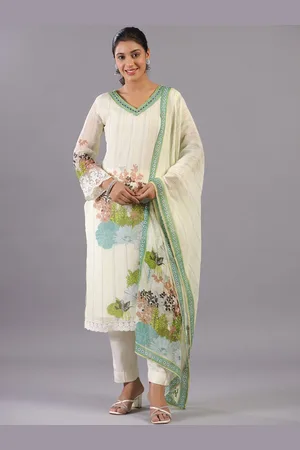 Amchoor Floral Printed Regular Thread Work Organza Straight Kurta With Trousers & Dupatta