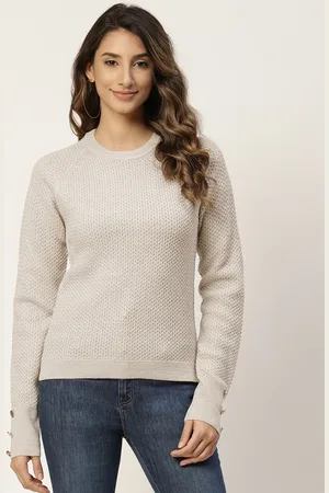 MADAME Women Beige Self Striped Raglan Sleeves Sweater