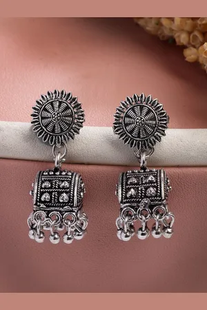 NVR Women Silver-Plated Oxidised Contemporary Jhumkas Earrings