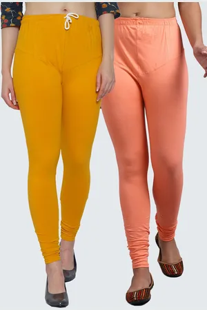 GRACIT Women Yellow & Peach Pack Of 2 Super Combed Cotton Lycra Churidar Length Leggings