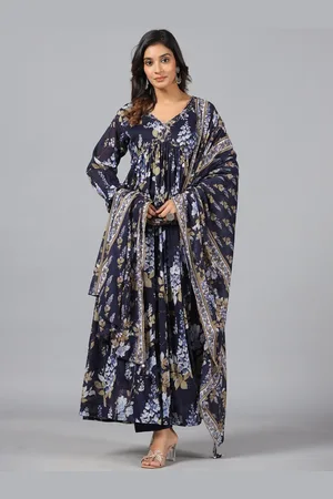Amchoor Floral Printed Thread Work Empire Kurta With Trouser & Dupatta