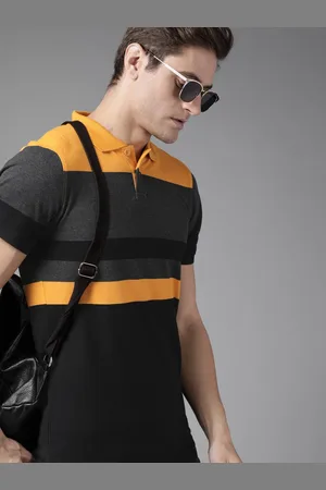 Roadster Men Black & Mustard Yellow Striped Polo Collar T-shirt