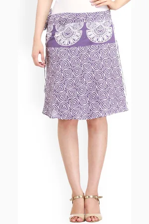 Exotic India Pure Cotton Block Printed Aster Purple Wrap-Around Mini-Skirt