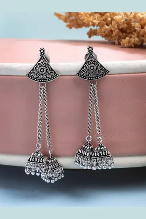 NVR Women Silver Toned Oxidised German Silver Jhumka Earrings